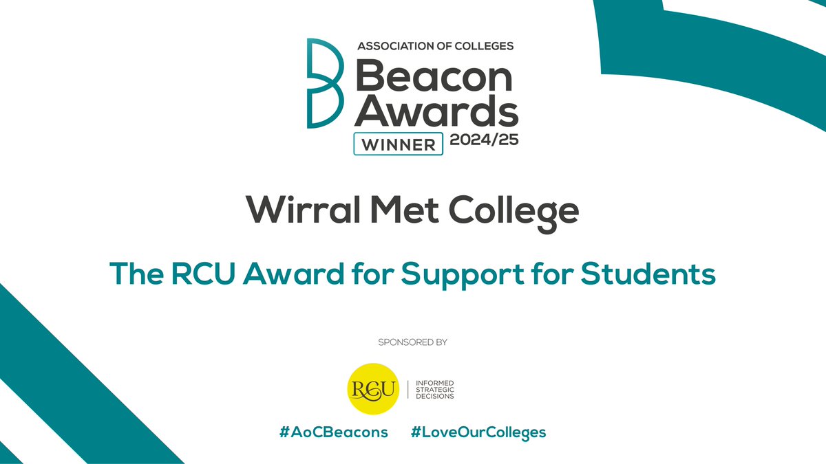 <a href="/NCLCollege/">Newcastle College</a> <a href="/BritishCouncil/">British Council</a> <a href="/SalfordSCCGroup/">Salford City College Group</a> <a href="/NOCNGroup/">NOCN Group</a> A huge congratulations to Wirral Met College for winning the <a href="/RCU_Limited/">RCU Limited</a> Award for Support for Students in this year’s Beacon Awards. #AoCBeacons #CollegesWeek2025