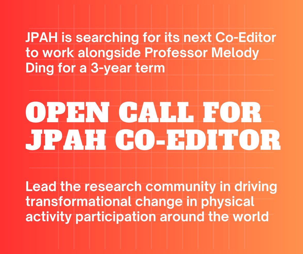 Journal of Physical Activity & Health (@jpahjournal) on Twitter photo We're seeking a Co-Editor to work with <a href="/DrMelodyDing/">Melody Ding</a> for a 3-year term beginning in 2026. Help us publish impactful research that addresses critical evidence gaps worldwide related to the science, practice, & policy of physical activity.
More details: journals.humankinetics.com/page/JPAH-call… We're seeking a Co-Editor to work with <a href="/DrMelodyDing/">Melody Ding</a> for a 3-year term beginning in 2026. Help us publish impactful research that addresses critical evidence gaps worldwide related to the science, practice, & policy of physical activity.
More details: journals.humankinetics.com/page/JPAH-call…