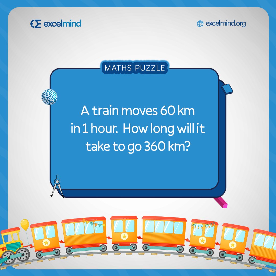 joinexcelmind's tweet image. All Aboard the Brain Train! 🧠

A train moves 60 km in 1 hour. 
How long will it take to travel 360 km? 🤔

Think you&apos;ve got it? Drop your answer in the comments! 👇
Tag a friend to challenge them! 

#MathsPuzzle 
#BrainTeaser 
#TrainChallenge 
#SolveThis