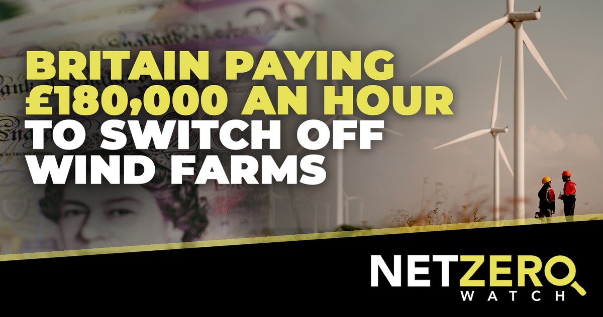 NetZeroWatch's tweet image. Britain is paying almost £180,000 an hour to switch off wind farms because there is nowhere for the excess power to go. So-called constraint payments, where turbines are switched off to help balance the grid, have already cost £252m in the first two months of 2025.…