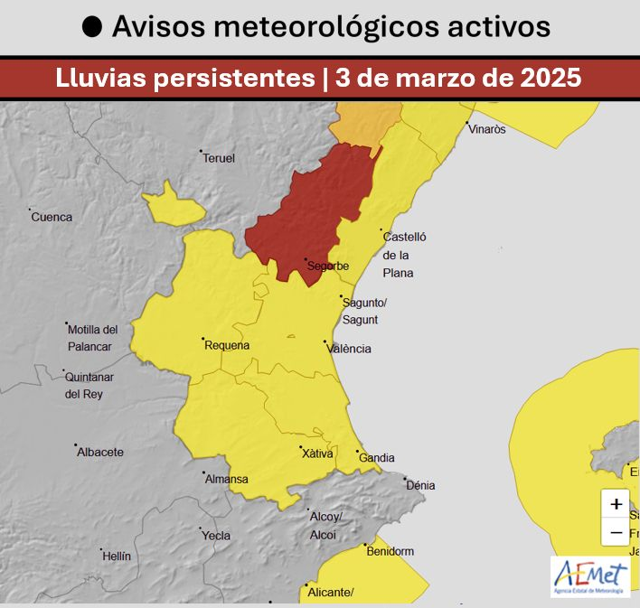 🔴 AVISO ROJO | Lluvias persistentes y abundantes en interior sur de Castellón.  

→ Se pueden acumular más de 180 l/m² en menos de doce horas a lo largo del lunes.  

→ El peligro es extremo. Evita acercarte a ramblas y cauces. No viajes por la zona si no es imprescindible.