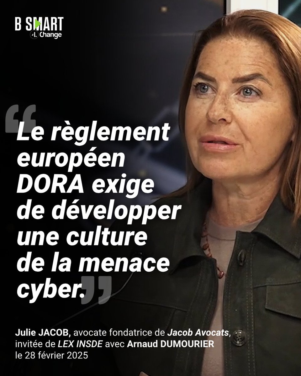 Au micro d'<a href="/adumourier/">Arnaud Dumourier</a> dans l'émission LEX INSIDE du 28 février, <a href="/MeJulieJacob/">Me Julie Jacob</a>, avocate fondatrice de <a href="/JacobAvocats/">Jacob Avocats</a>, met en avant l'importance du règlement européen DORA pour les entités financières.

Selon elle : "Le règlement européen DORA exige de développer une culture de la