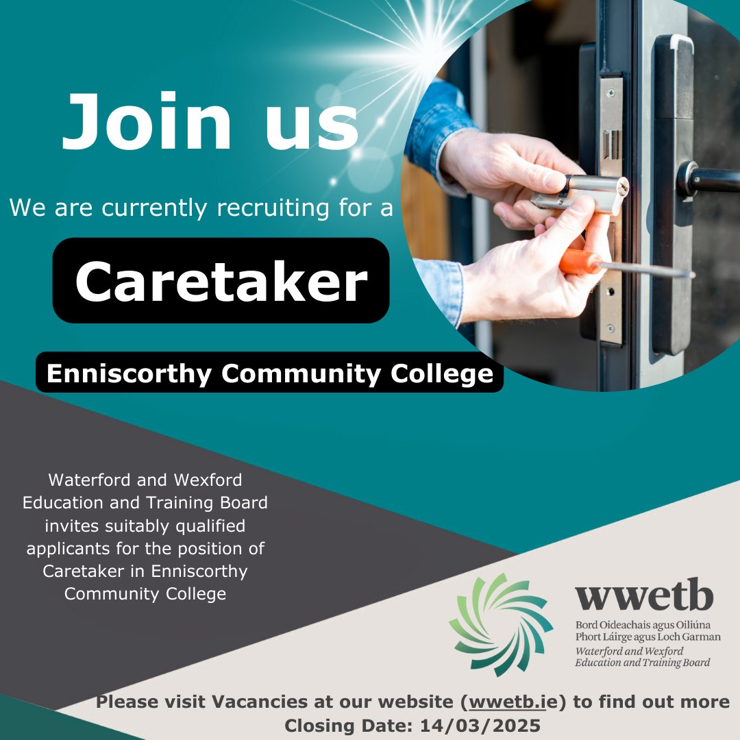 WWETB (@wwetbofficial) on Twitter photo 📢Join Our Team📢
#WWETB are now recruiting for: Caretaker, Enniscorthy Community College
🏢Location: Enniscorthy Community College 
📅 Closing Date: 14/3/25
For more information 👇
zurl.co/EXqA 📢Join Our Team📢
#WWETB are now recruiting for: Caretaker, Enniscorthy Community College
🏢Location: Enniscorthy Community College 
📅 Closing Date: 14/3/25
For more information 👇
zurl.co/EXqA