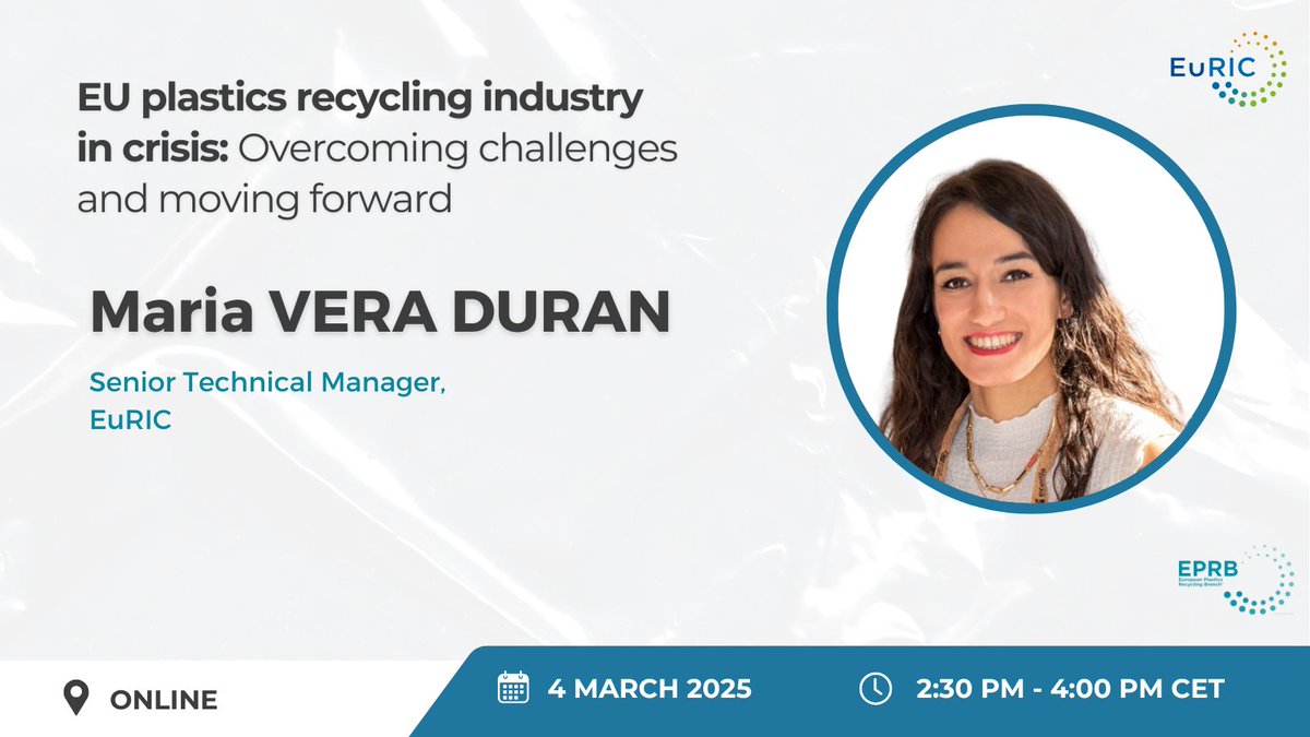 #MeetTheSpeakers🎙️Meet Maria Vera Duran, EuRIC’s Senior Technical Manager, who will coordinate our webinar and present the EU Plastics Recyclers Manifesto along with our recommendations for an innovative and competitive sector.

Last chance to register!👉 euric.link/mjk