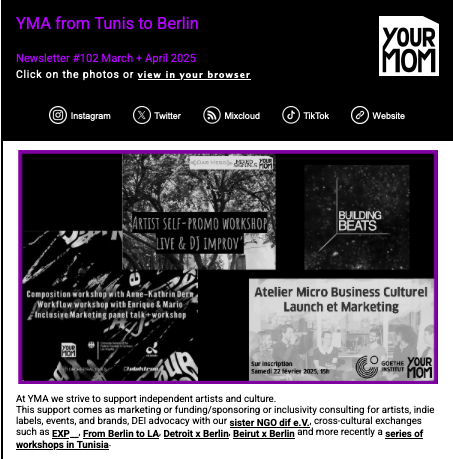Our March/April #newsletter is out, featuring Eric D. Clark, <a href="/LocalSuicide/">Local Suicide</a>, our #Tunis x #Berlin exchange, #GEMA free info session, #OTqueercomposerMicrogrants... 
Read on mailchi.mp/b5677e44932a/y….
Sign up via eepurl.com/uKqeb.