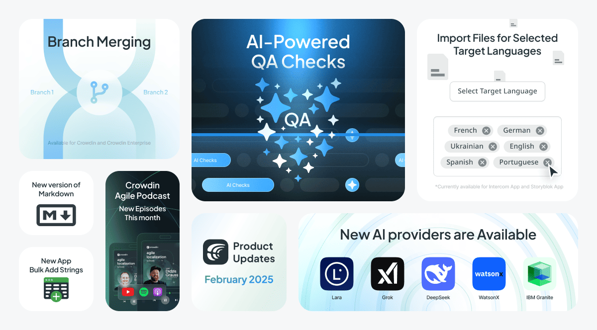 🚀 February updates at Crowdin: You can now automate AI-powered QA checks, use <a href="/grok/">Grok</a>, <a href="/deepseek_ai/">DeepSeek</a>, and <a href="/IBMwatsonx/">IBM watsonx</a>, work with better import/export options and more. Plus, we have updates for <a href="/Zendesk/">Zendesk</a>, <a href="/webflow/">Webflow</a>, and <a href="/storyblok/">Storyblok</a>. Details here: l.crowdin.com/NUOsoQO