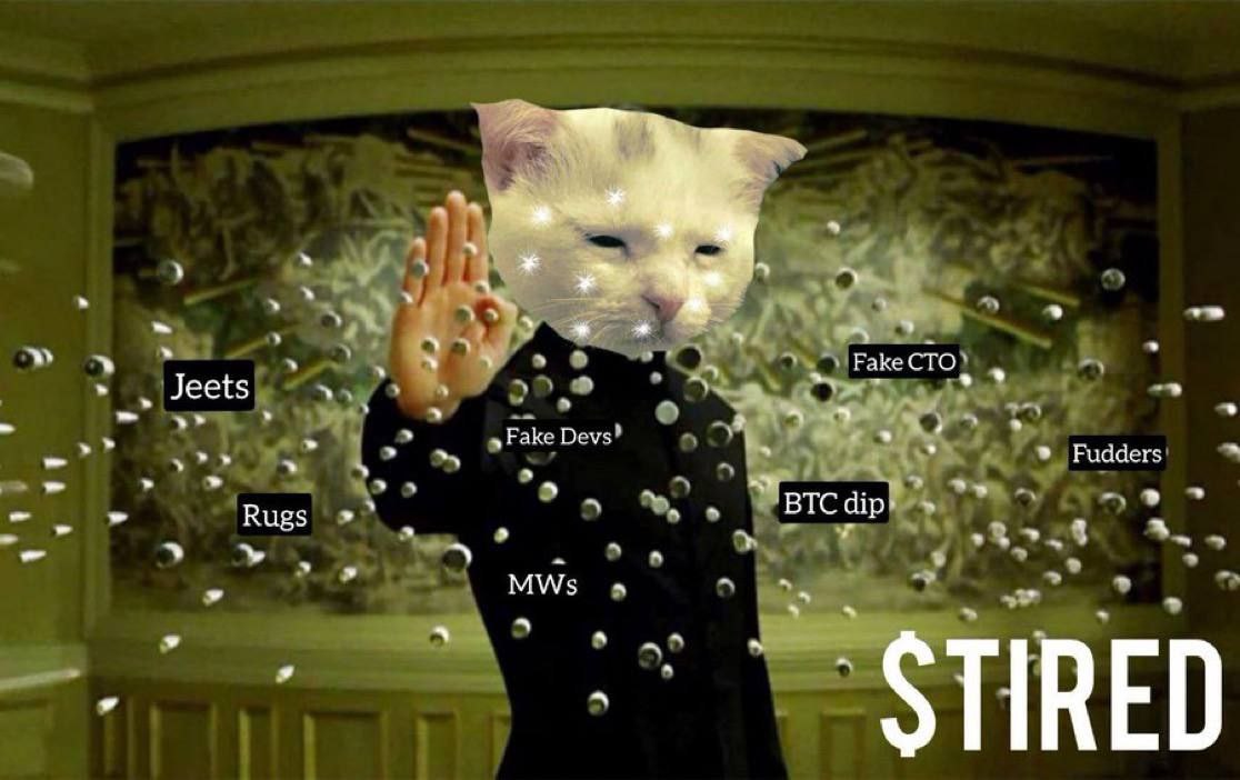 Since the message is not clear we decided to implement a burn game.

How does this work?

1M mktcap - 1% burn 
3M mktcap - 1% burn
5M mktcap - 1% burn
10M mktcap - 1% burn
(...) Tbd with community 

$Tired has already burn 4,7% and 10% is locked on jup

Let's play $tired fam