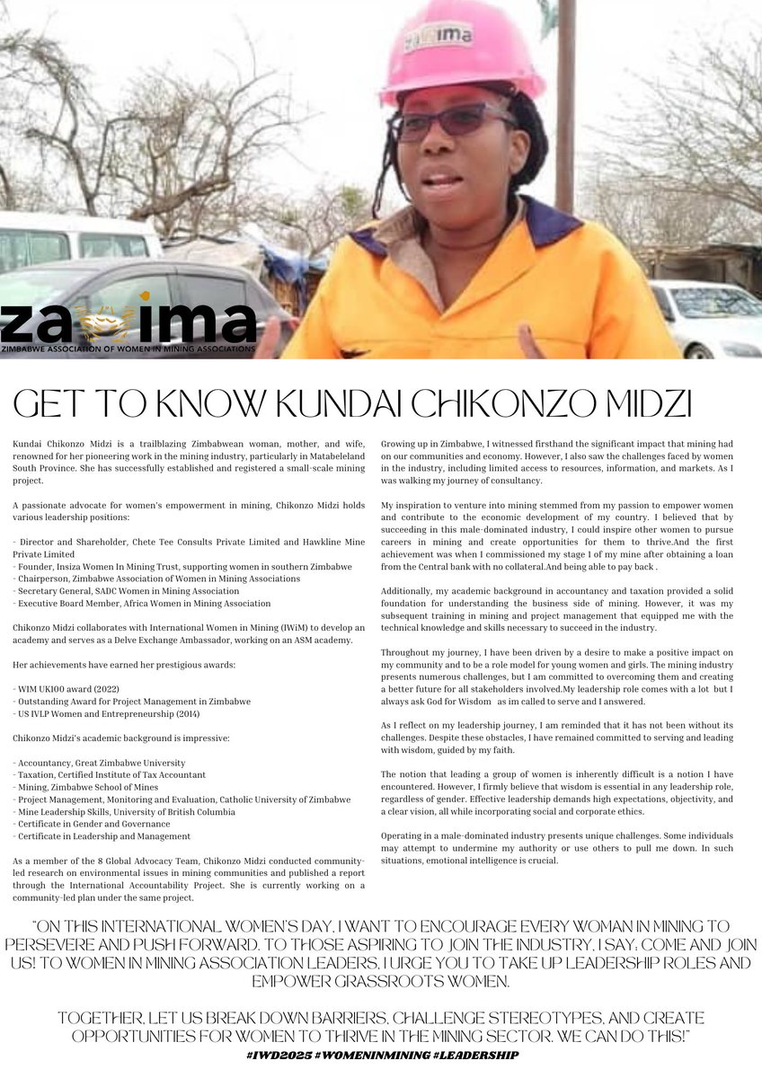 Zim Association of Women in Mining Associations (@zawima_org) on Twitter photo As we count down to #InternationalWomensDay2025, we’re shining a spotlight on the phenomenal women leading the way at ZAWIMA, women who are breaking barriers, uplifting fellow women in mining and shaping a future where all women can mine safely.
Meet <a href="/kchikonzo32/">kundai chikonzo</a>
#IWD2025 As we count down to #InternationalWomensDay2025, we’re shining a spotlight on the phenomenal women leading the way at ZAWIMA, women who are breaking barriers, uplifting fellow women in mining and shaping a future where all women can mine safely.
Meet <a href="/kchikonzo32/">kundai chikonzo</a>
#IWD2025