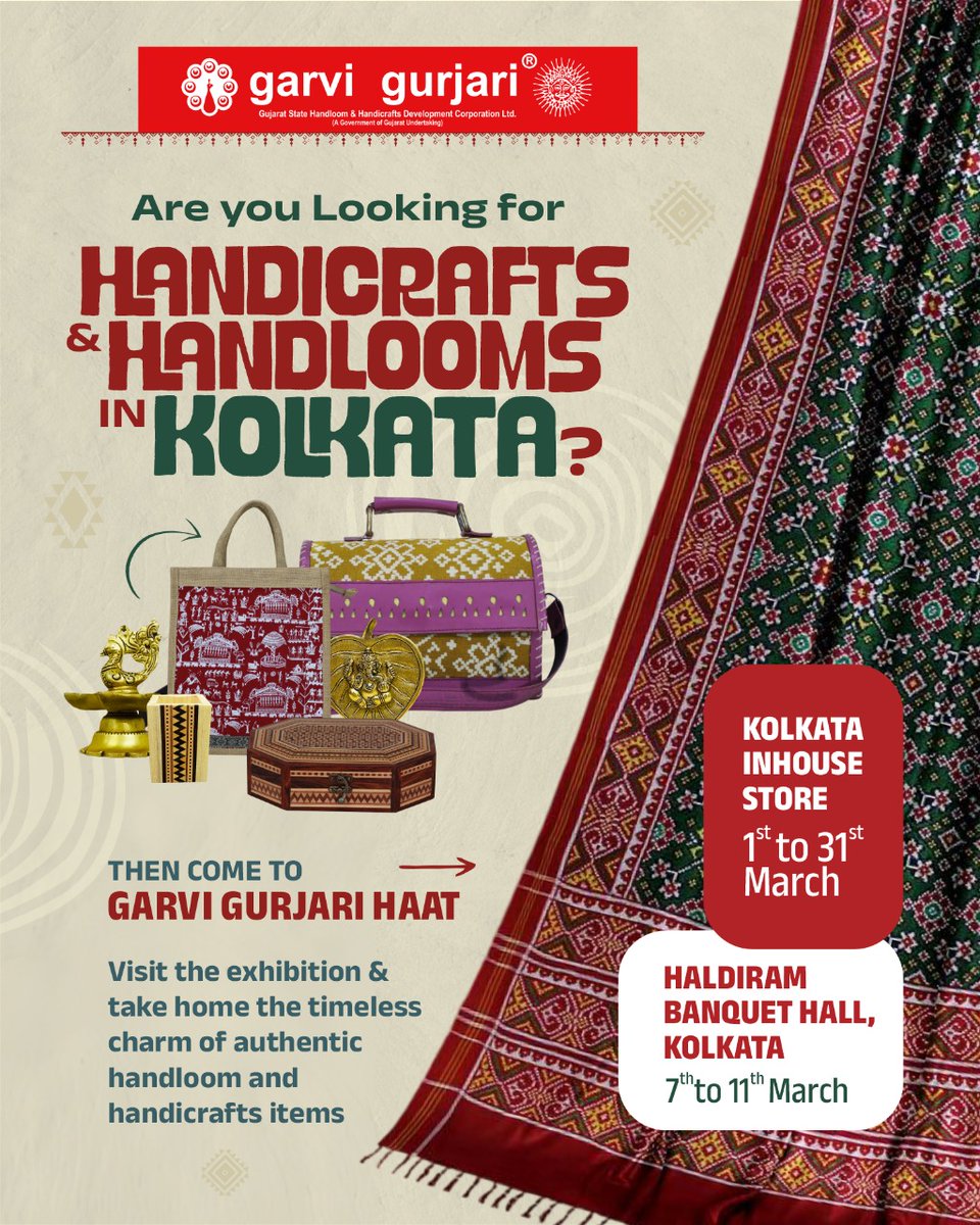 Kemon Ache, Kolkata?
Garvi Gurjari Haat is calling you…

Hand-woven stories, timeless traditions, and the artistry of Gujarat—experience it all at Garvi Gurjari Haat in Kolkata. From intricate weaves to handcrafted treasures, each piece carries the essence of heritage.