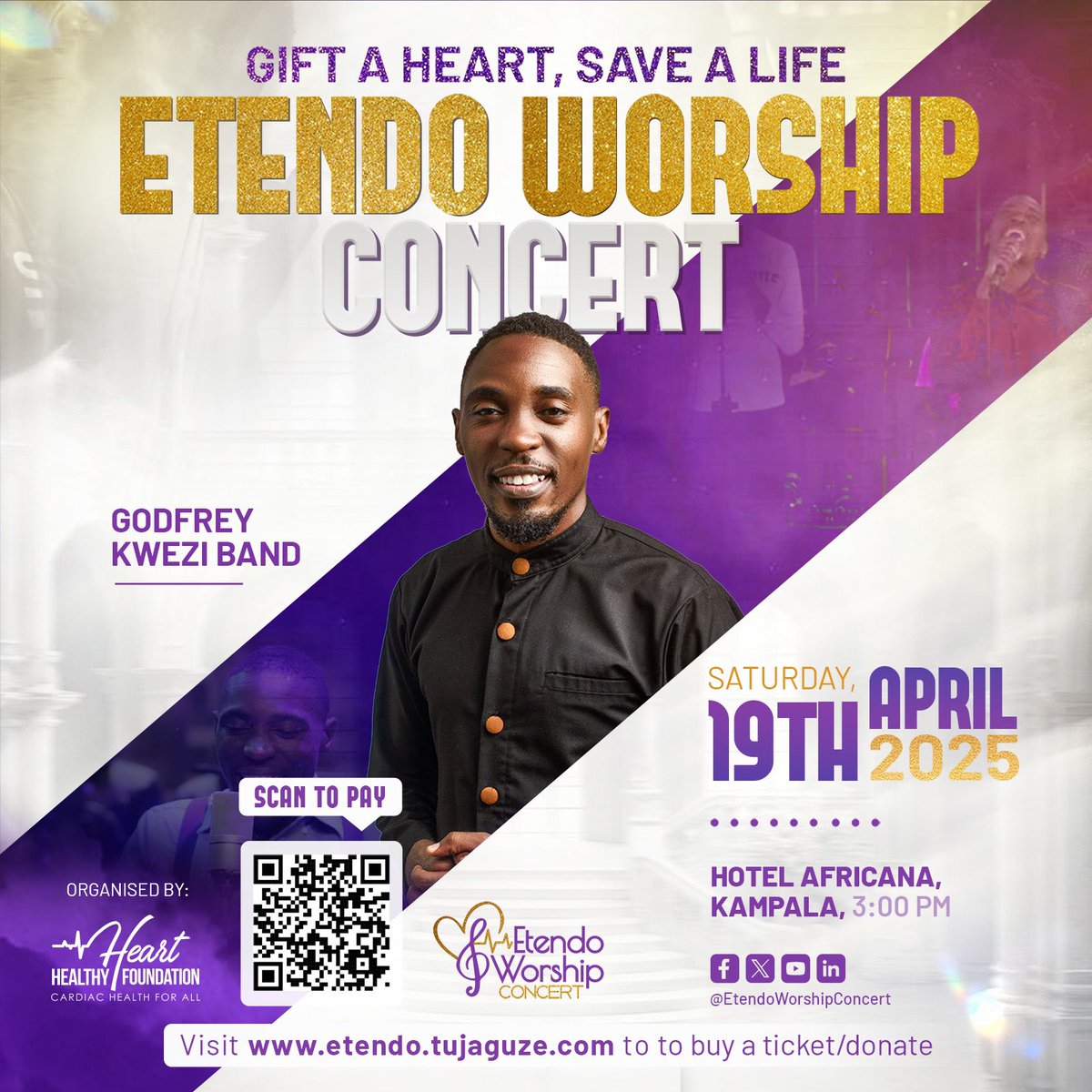 Worship, Give, and Save a Life! ❤️
Join Godfrey Kwezi Band at the Etendo Worship Concert for a powerful night of worship and impact! Let’s come together to praise, celebrate, and support heart health for all.
#WorshipForACause #KweziBand #HeartHealthyFoundation