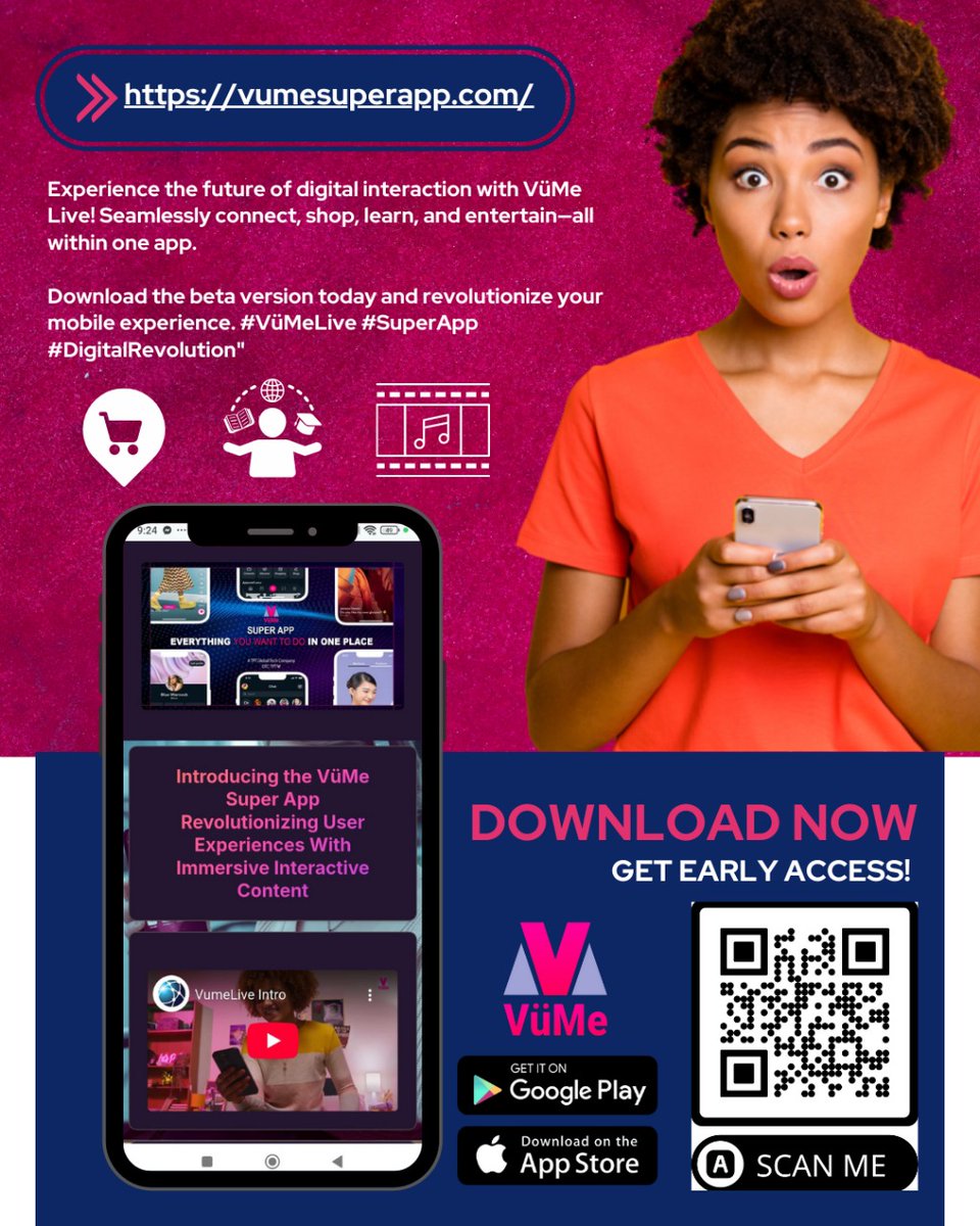 VuMeLivePPV's tweet photo. All your favorite digital tools—one super app! 🚀
💬 Messaging | 🎥 Streaming | 🛍 Shopping | 💸 Payments | 📱 Social | 🎨 Content Creation
No more app switching! Download VüMe Live now! 📲✨
#VüMeLive #SuperApp #TechInnovation #OneAppForEverything https://t.co/4RWBpcif5Y