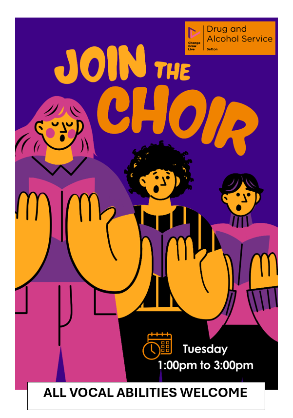 Choir is back tomorrow at 1pm! 

Join Steph every Tuesday (1pm-3pm) at our Bootle office to sing your heart out🎤🎶

#changegrowlive #cgl #recovery #choir