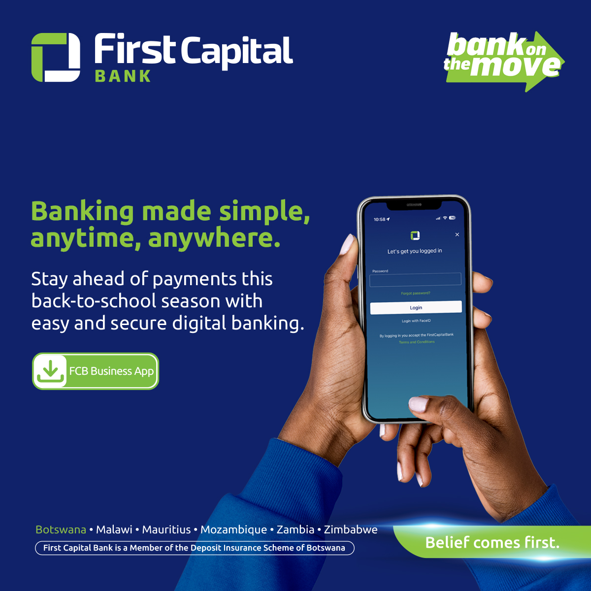 FirstCapital_Bw's tweet image. Your bank at your fingertips! 📲 Wherever you are, we're right there with you 🤞 Manage your finances with ease using the FCB Mobile App, designed for convenience. 😎

#LoveConvenience #BankOnTheMove #BeliefComesFirst #FirstCapitalBank