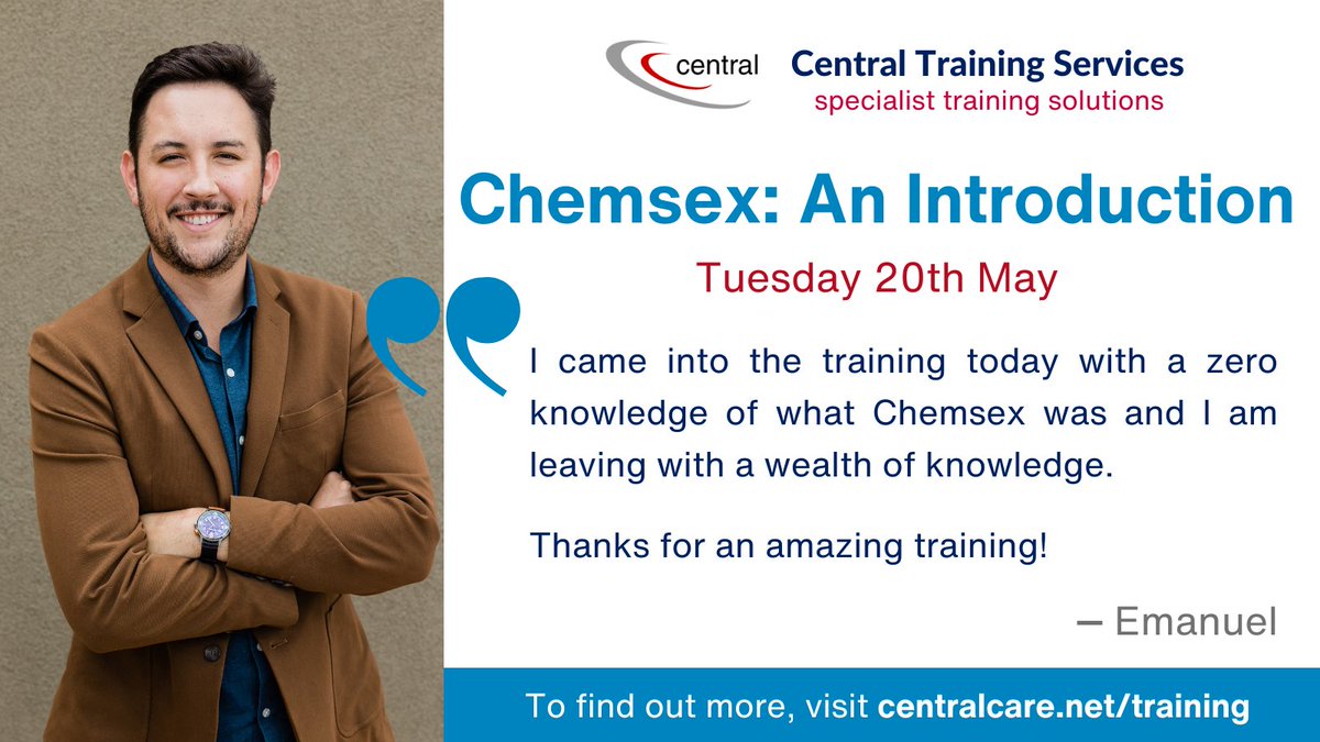 CentralCare's tweet image. @CentralCare’s Chemsex training (20/05) has had great feedback from candidates who have attended the training in the past. Book your space now! #OpenCourse #VirtualTraining #SocialCare
centralcare.net/training/open-…