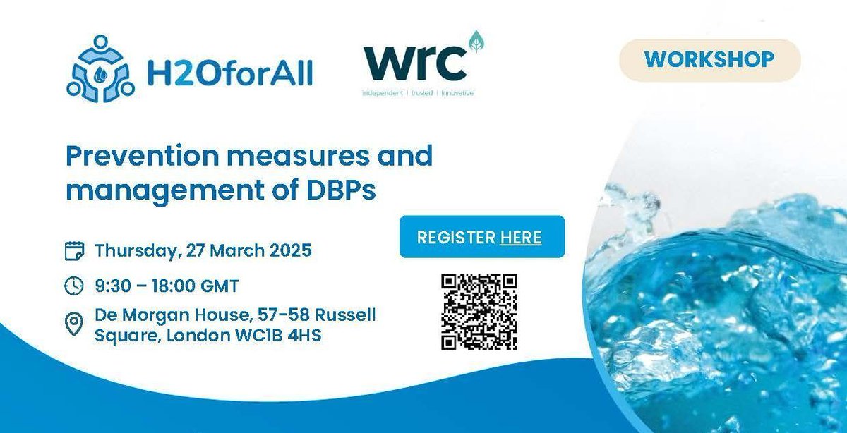 H20EU's tweet image. 🚰On the 27 March, the EU project H2OforAll and WRc Group will host a workshop on disinfection by-products (DBP) Prevention &amp;amp; Management in #London, bringing together scientists, policymakers, and industry experts to tackle #DBPs in #drinkingwater.

➡️ buff.ly/YgqVTuU