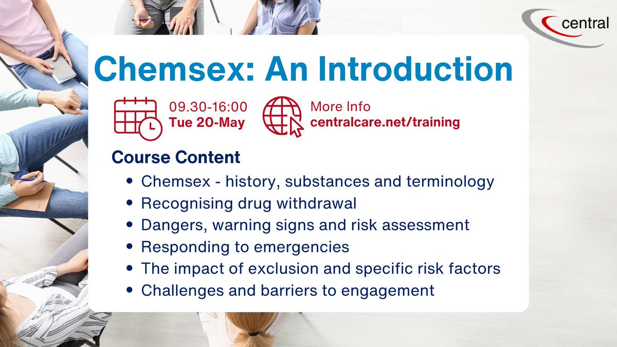 CentralCare's tweet image. @CentralCare’s Chemsex course aims to raise awareness around the growing issue and provide candidates with an understanding of client impact, barriers to engagement and best practise guidelines. Book your space today!
#virtuallearning #training #opencourse
centralcare.net/training/open-…