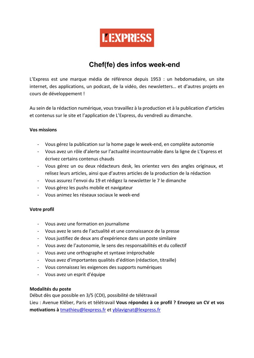 L'Express (@lexpress) on Twitter photo 🔴 L'Express est à la recherche d'un(e) chef(fe) des infos week-end.
Vous répondez au profil ci-dessous ?
✍ Ecrivez à tmathieu@lexpress.fr et à yblavignat@lexpress.fr 🔴 L'Express est à la recherche d'un(e) chef(fe) des infos week-end.
Vous répondez au profil ci-dessous ?
✍ Ecrivez à tmathieu@lexpress.fr et à yblavignat@lexpress.fr