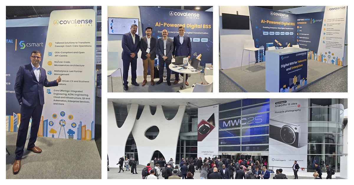Covalensedigi's tweet photo. #MWC2025 starts today! Join us at Hall 5, Booth #5K37 to explore our flagship product, #Csmart, an AI-powered #DigitalBSS for #telecoms & #enterprises. Letโs collaborate to accelerate your #digitaltransformation journey. Stop by at #5K37 or book a meeting: https://t.co/tGhLIsWAAs https://t.co/WF3Fv9VQhw