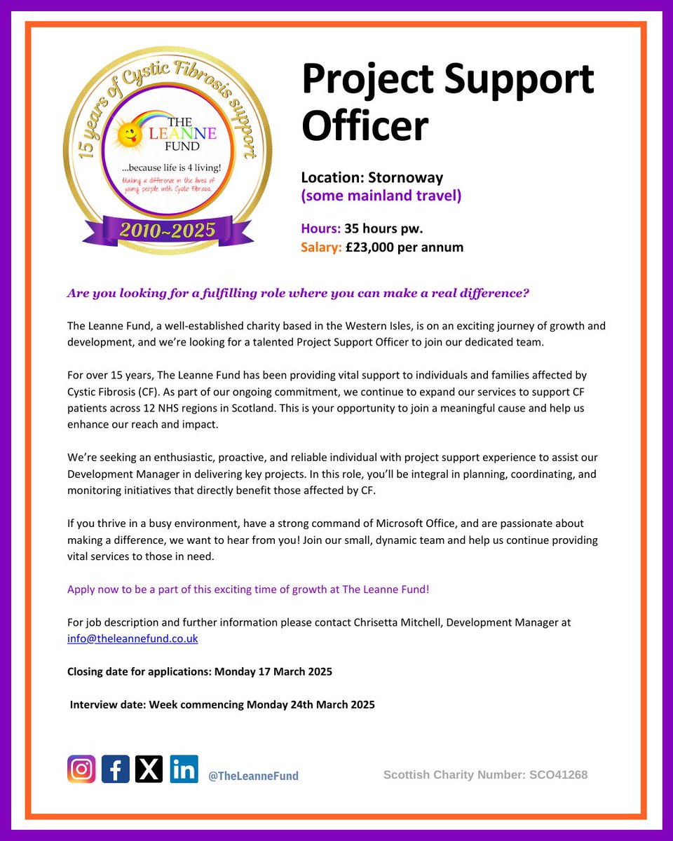 The Leanne Fund (@theleannefund) on Twitter photo We're Hiring!
Join The Leanne Fund and be part of an amazing team!
If you love a varied role, and want to be part of something special, we’d love to hear from you!
📩 For more info, contact info@theleannefund.co.uk
📅 Apply by: Monday 17 March 2025 We're Hiring!
Join The Leanne Fund and be part of an amazing team!
If you love a varied role, and want to be part of something special, we’d love to hear from you!
📩 For more info, contact info@theleannefund.co.uk
📅 Apply by: Monday 17 March 2025