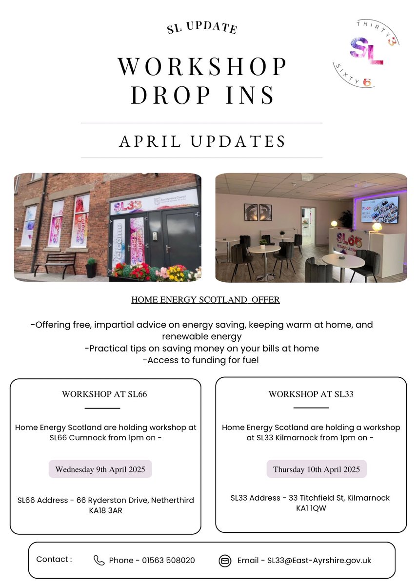 East Ayrshire Opps4All (@sl33eac) on Twitter photo Skills & Learning updates !
Home Energy Scotland will be holding two workshop days one at SL33 and then one at SL66 !
Find below what they can offer and workshop dates and times π€©
For further information email,
SL33@east-ayrshire.gov.uk Skills & Learning updates !
Home Energy Scotland will be holding two workshop days one at SL33 and then one at SL66 !
Find below what they can offer and workshop dates and times π€©
For further information email,
SL33@east-ayrshire.gov.uk