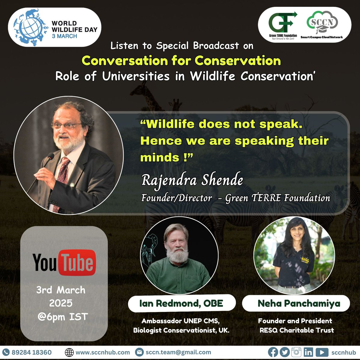 SmartCampusCloudNetwork (@sccnhub) on Twitter photo Fasten your seatbelt for a virtual Jungle safari with Ian Redmond, Neha Panchamiya and Dr Rajendra Shende for a fierce experience coming to you in next 2 hours. Broadcasting at 6PM (IST) on Youtube. This World Wildlife Day let us come closer to wild animals.
<a href="/4Apes/">Ian Redmond</a> Fasten your seatbelt for a virtual Jungle safari with Ian Redmond, Neha Panchamiya and Dr Rajendra Shende for a fierce experience coming to you in next 2 hours. Broadcasting at 6PM (IST) on Youtube. This World Wildlife Day let us come closer to wild animals.
<a href="/4Apes/">Ian Redmond</a>