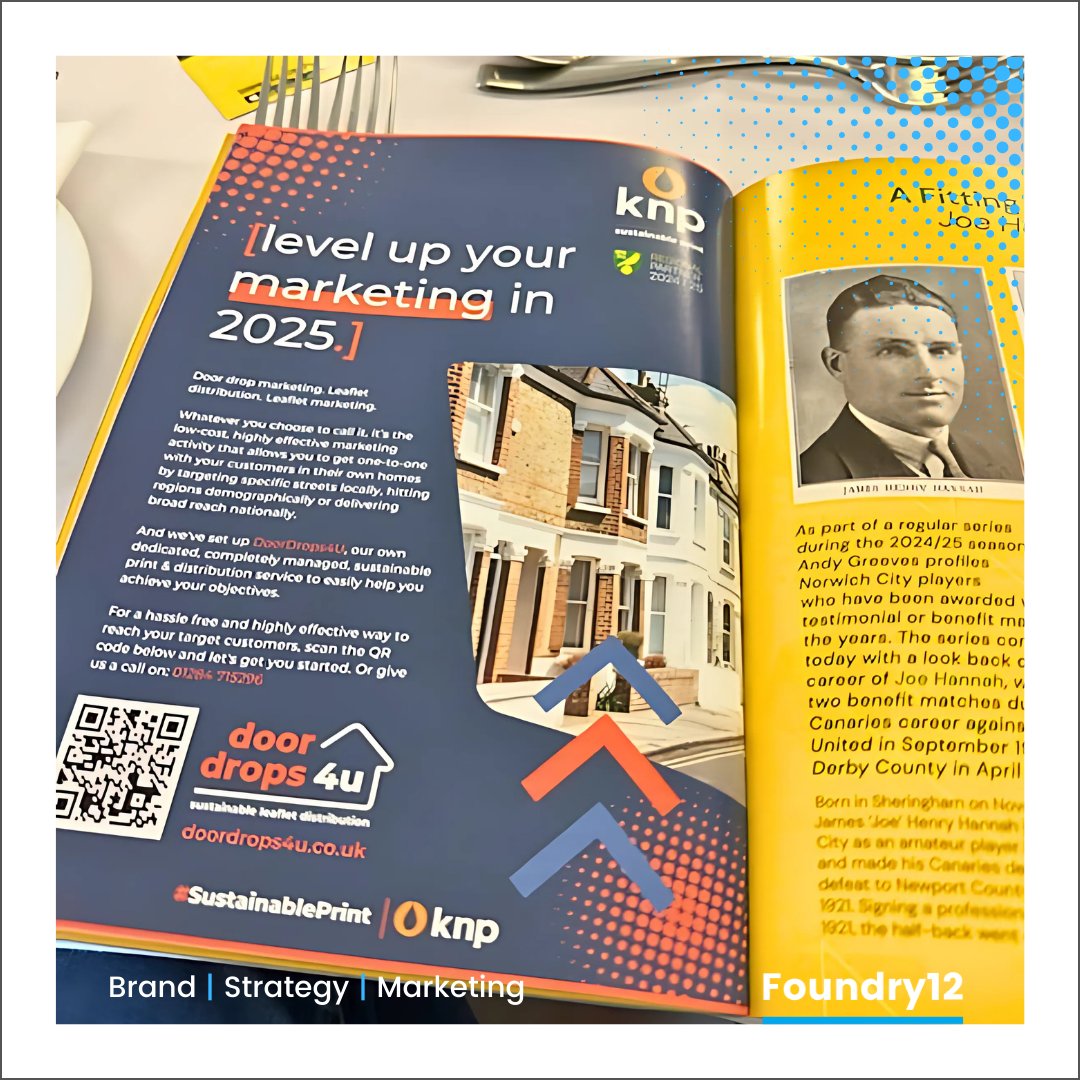 Here''s a quickfire Monday morning post. An ad we created for <a href="/KNP_litho/">KNP Litho</a> in <a href="/NorwichCityFC/">Norwich City FC</a>'s matchday programme.

If you want to create cut through marketing activity, give us a shout. You + us could be just the right team.

foundry12.co.uk

#BrandBuilding #BrandAwareness