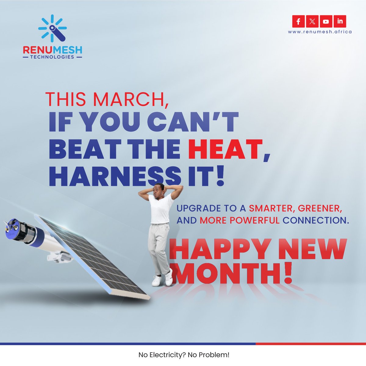 RENUMESH TECHNOLOGIES (@renumesh_tech) on Twitter photo March is hotβbut your Internet should be even hotter! π₯
Africa's sun is blazing, but why let power cuts slow you down? With our solar-powered routers, you stay connected anytime, anywhere.
Stream, work, game, and connect without interruptions. Our solar-powered technology March is hotβbut your Internet should be even hotter! π₯
Africa's sun is blazing, but why let power cuts slow you down? With our solar-powered routers, you stay connected anytime, anywhere.
Stream, work, game, and connect without interruptions. Our solar-powered technology