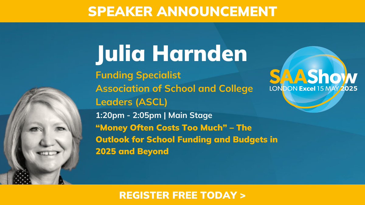 Schools & Academies Show (@saa_show) on Twitter photo ✔️ CONFIRMED #SAASHOW SESSION! <a href="/julia_harnden/">Julia Harnden</a>, Funding Specialist, @ASCLUK will be leading a discussion on the Main Stage focused on the outlook for #school funding and budgets in 2025 and beyond.
👉 Find out more and get your ticket here: hubs.la/Q038lSpx0 #FanSAAStic ✔️ CONFIRMED #SAASHOW SESSION! <a href="/julia_harnden/">Julia Harnden</a>, Funding Specialist, @ASCLUK will be leading a discussion on the Main Stage focused on the outlook for #school funding and budgets in 2025 and beyond.
👉 Find out more and get your ticket here: hubs.la/Q038lSpx0 #FanSAAStic