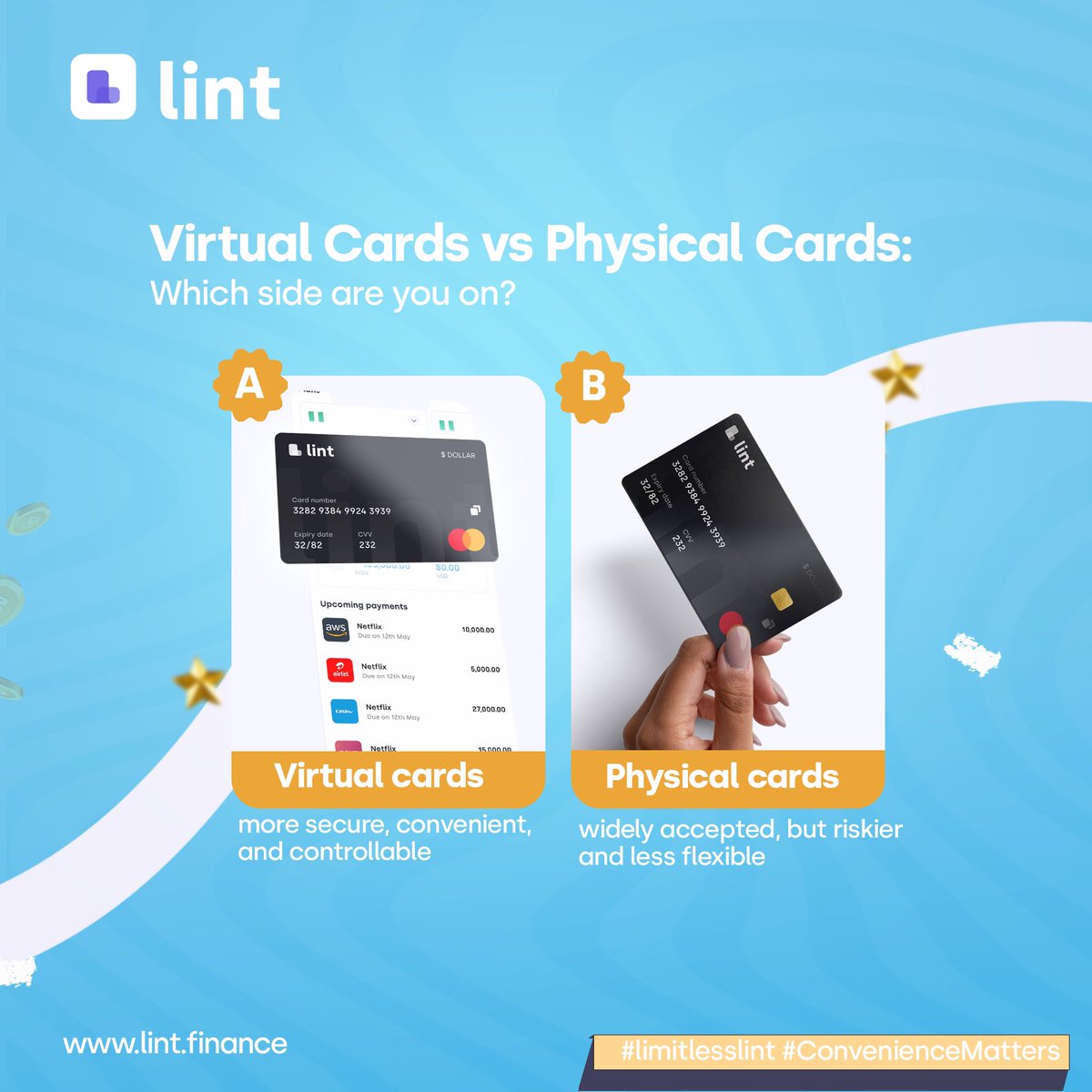 LintFinance's tweet photo. The choice of a payment method can be delicate, especially when it comes to our hard-earned money 😁.
But let's get the conversation started! 💬 Which payment method do you prefer? Share your thoughts in the comments! 🤔
#VirtualCards #PhysicalCards #SecureTransactions #ConvenienceMatters #FinancialFreedom