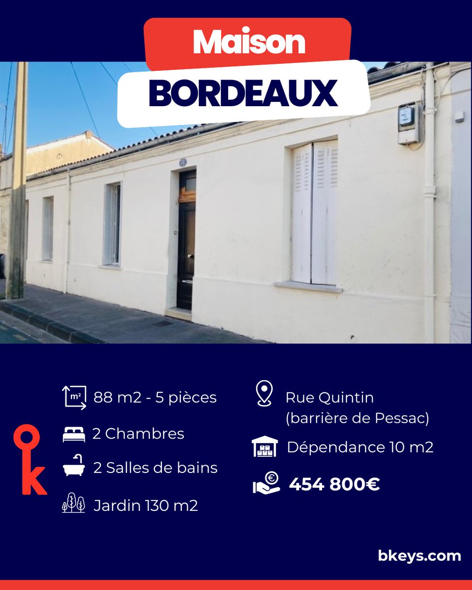 Bkeysworld's tweet photo. 🏡 Bordeaux - Échoppe double avec jardin
📍 Proche Barrière de Pessac  📐 88 m² exposé sud ☀️- 5 pièces 🌿 Jardin de 130 m² 
🛏 2 chambres  🛁 2 salles de bains  🔥 Chauffage gaz &amp; pompe à chaleur neuve
💰 454 800 €
🔗 Infos : https://t.co/dsNWZ9oKhl
#Bordeaux #Bkeys https://t.co/s7RDVrk1IL