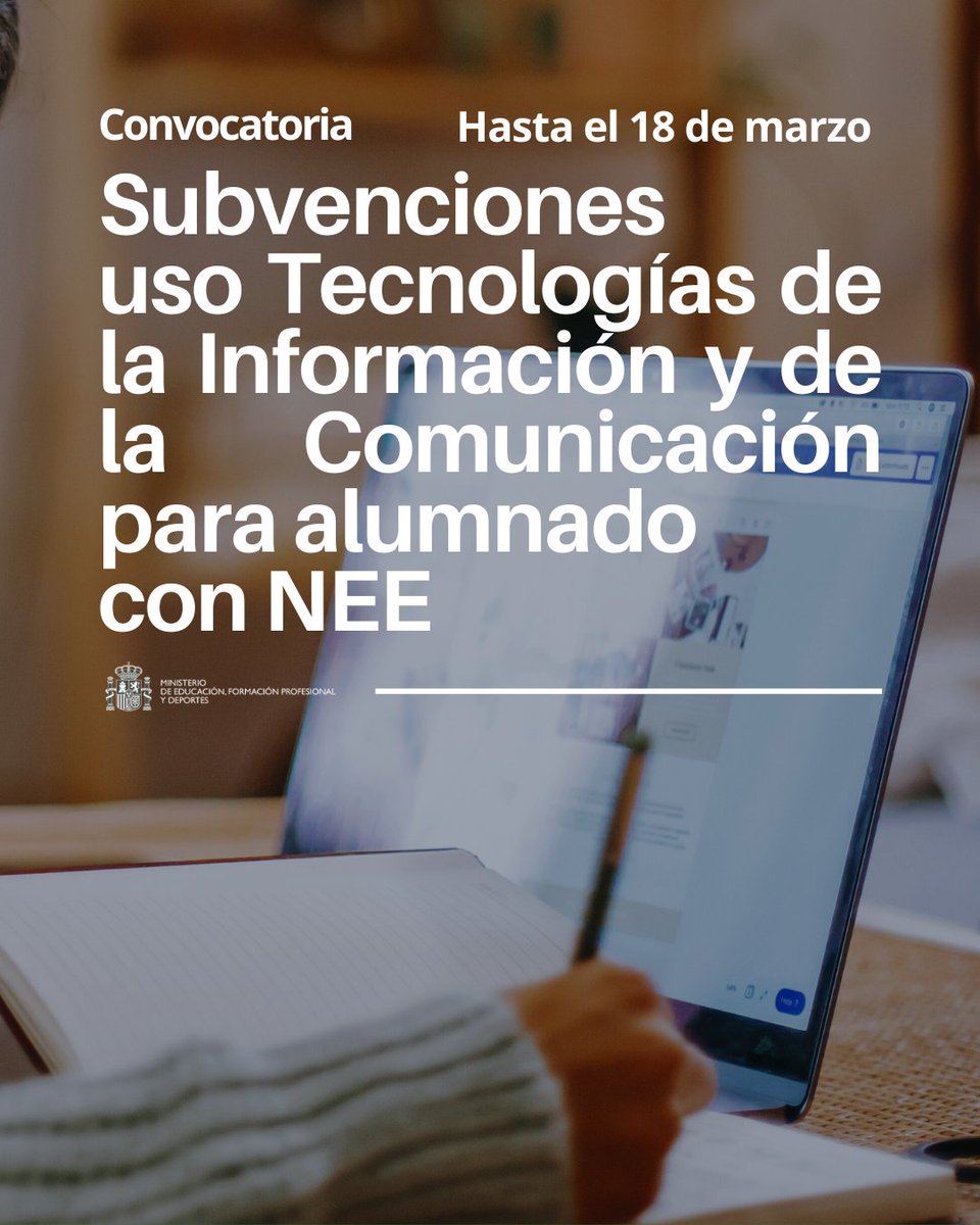 🟢Abierto el plazo para solicitar las subvenciones para  desarrollar actuaciones educativas dirigidas a favorecer que dicho alumnado pueda utilizar la tecnología o los productos de apoyo necesarios.

¡Hasta el 18 de marzo!
educacionfpydeportes.gob.es/servicios-al-c…