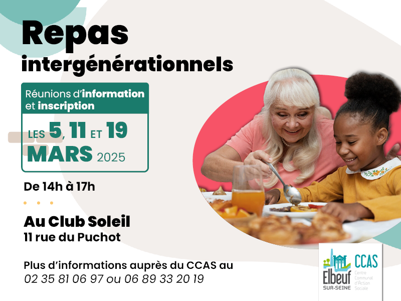 [#Seniors] Réunions d'information pour les repas intergénérationnels 👵👦
Participez à ces réunions d’information et inscrivez-vous à des repas conviviaux gratuits avec les enfants dans les écoles !
➡ Les 5, 11 et 19 mars, de 14h à 17h, au Club Soleil (11 rue du Puchot)