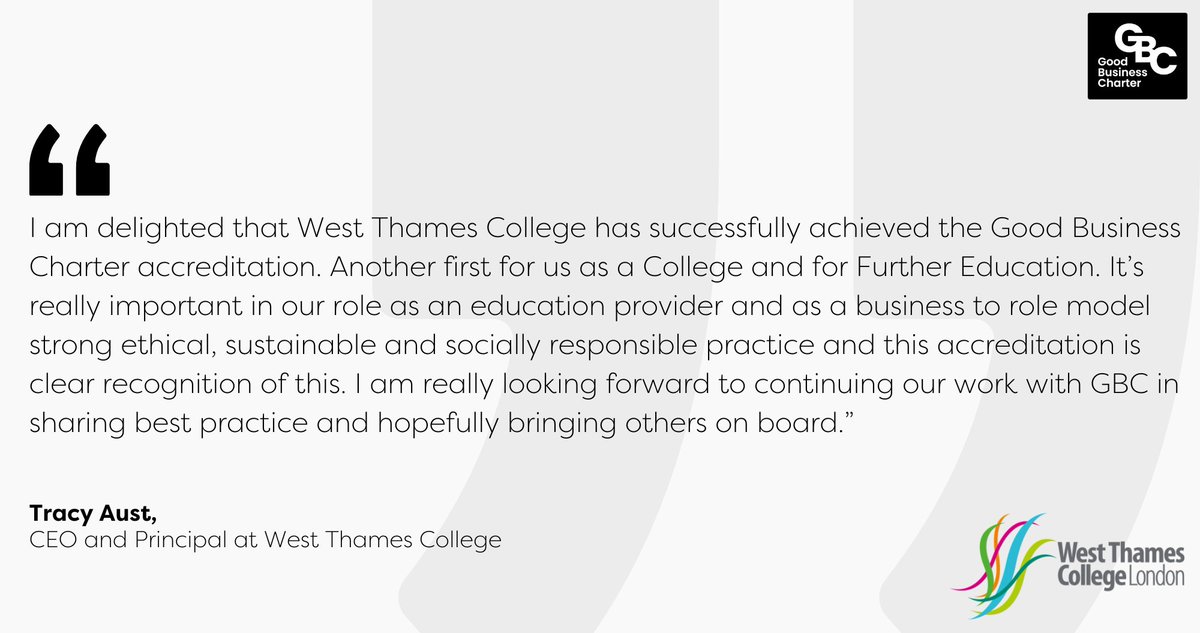 Good Business Charter (@gbcharteruk) on Twitter photo We’re pleased to welcome <a href="/WestThames/">West Thames College</a> as the first Further Education College to achieve GBC accreditation! 👏
This milestone reflects the College’s commitment to ethical and socially responsible business practices, setting an inspiring example for the education sector. 🌎 We’re pleased to welcome <a href="/WestThames/">West Thames College</a> as the first Further Education College to achieve GBC accreditation! 👏
This milestone reflects the College’s commitment to ethical and socially responsible business practices, setting an inspiring example for the education sector. 🌎