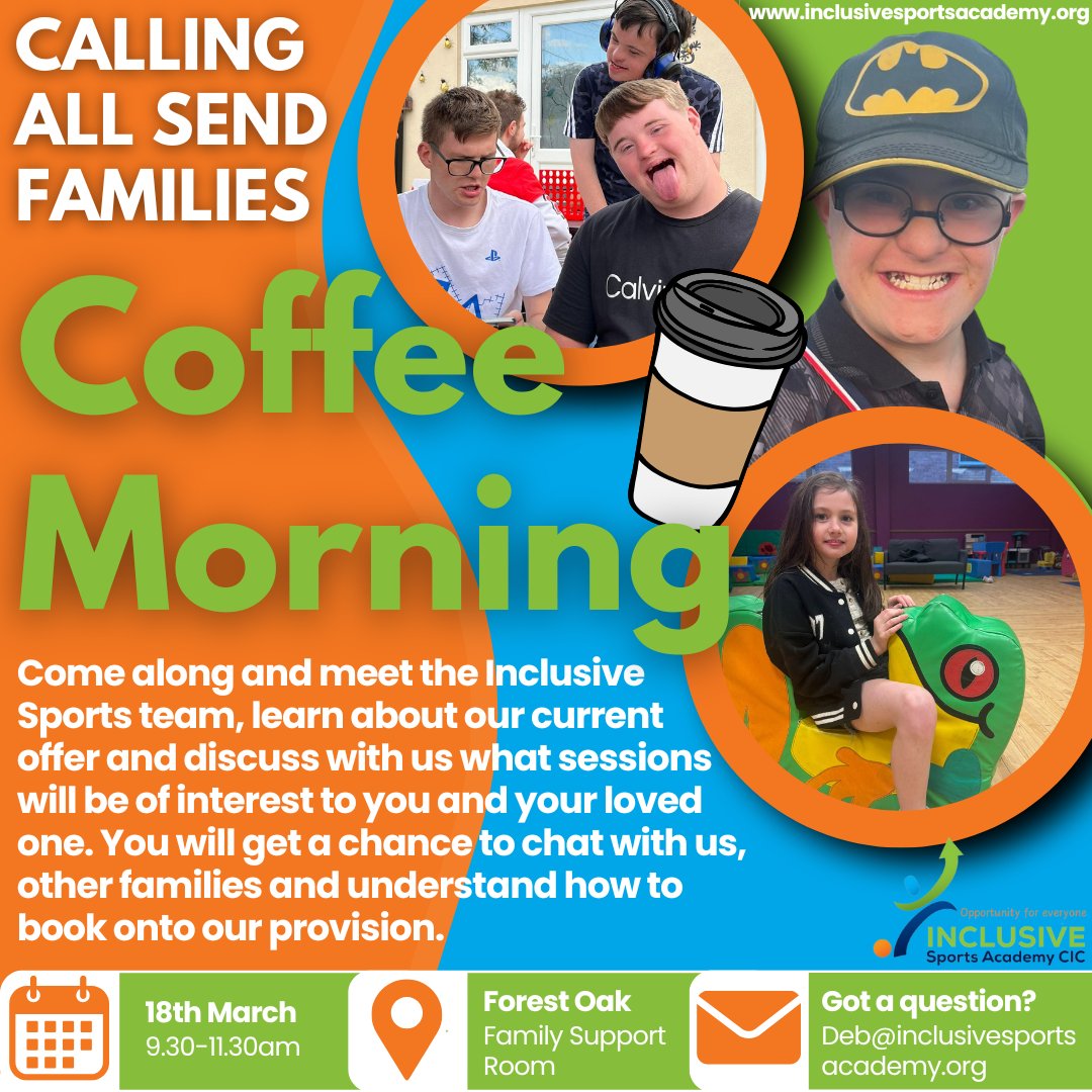 Inclusive Sports Academy CIC (@inclusiveevery1) on Twitter photo CALLING ALL SEND FAMILIES IN SOLIHULL
We are hosting a coffee morning on the 18th March at Forest Oak school to chat about our current offer, and for you to meet our team!
If you have any questions, please feel free to drop an email over to deb@inclusivesportsacademy.org CALLING ALL SEND FAMILIES IN SOLIHULL
We are hosting a coffee morning on the 18th March at Forest Oak school to chat about our current offer, and for you to meet our team!
If you have any questions, please feel free to drop an email over to deb@inclusivesportsacademy.org