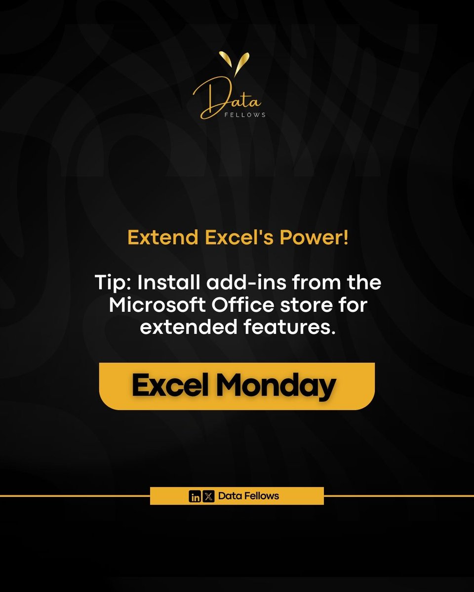 DatafellowsInfo's tweet image. Today on Excel Monday, discover Excel add-ins and plugins to enhance its functionality👇🏾.
RT, Follow and Like for more data tips and hacks .
#MondayMotivation #Excel_Fun