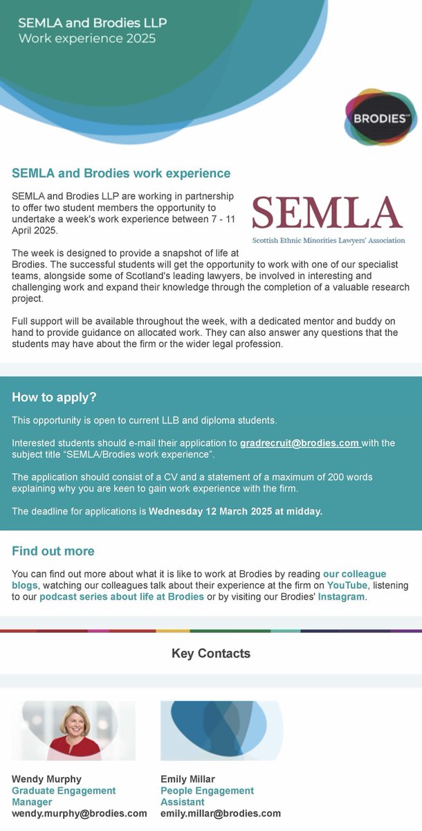 Scottish Ethnic Minorities Lawyers Association (@semlalaw) on Twitter photo SEMLA is delighted to work with <a href="/BrodiesLLP/">Brodies LLP</a> to offer two student members work experience between 7 - 11 April. This will provide the students with a snapshot of life at one of Scotland's largest law firms. The deadline for applications is 12 March. Please share! SEMLA is delighted to work with <a href="/BrodiesLLP/">Brodies LLP</a> to offer two student members work experience between 7 - 11 April. This will provide the students with a snapshot of life at one of Scotland's largest law firms. The deadline for applications is 12 March. Please share!