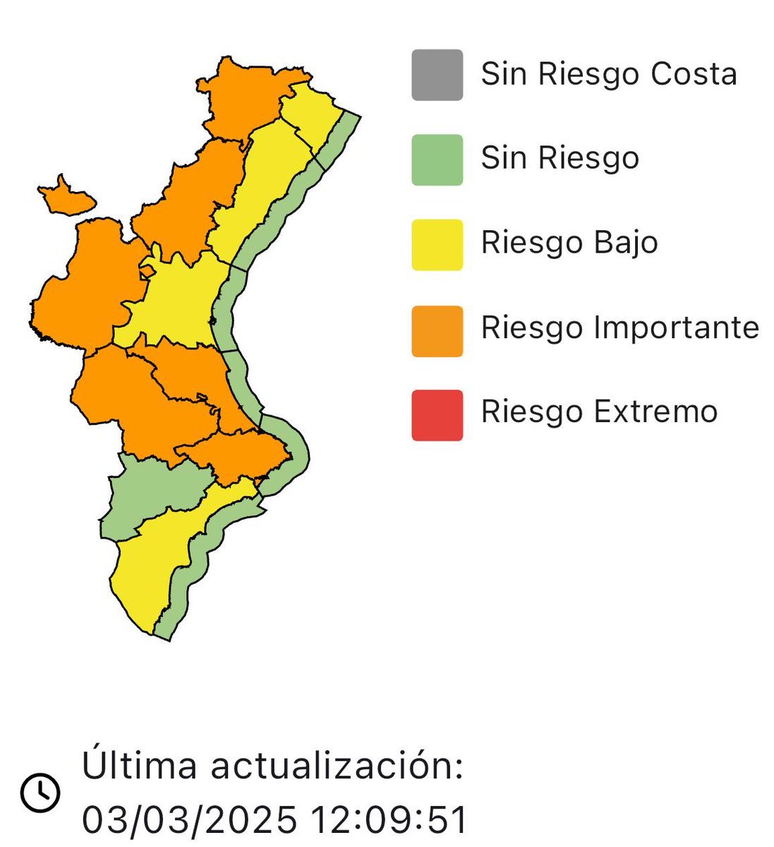⚠️(12:00h.) El Centro de Coordinación de Emergencias actualiza su boletín de fenómenos meteorológicos.

➡️Alertas vigentes:
🟠 Alerta nivel naranja por lluvias en el interior de la provincia de Castellón interior y litoral sur de la de Valencia.
🟡 Alerta nivel amarillo por