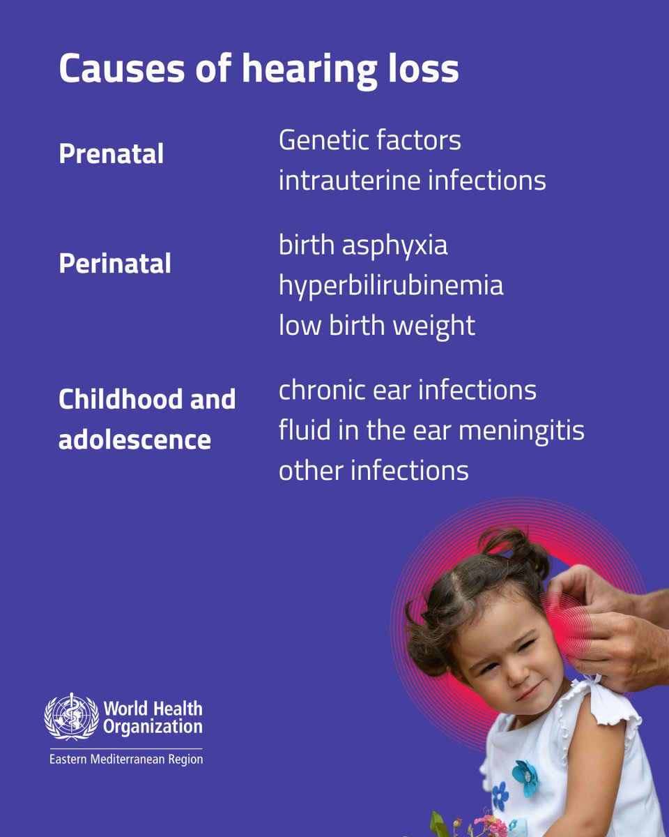 Causes of hearing loss in3⃣different phases:

Prenatal
🔵Genetic factors
🔵intrauterine infections

Perinatal
🔵Birth asphyxia
🔵hyperbilirubinemia
🔵low birth weight

Childhood and adolescence
🔵chronic ear infections
🔵fluid in the ear
🔵meningitis and other infections