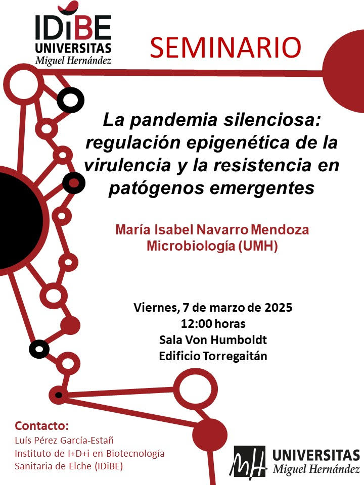 mbiotingUMH's tweet image. La profesora de la #UMH María Isabel Navarro Mendoza impartirá el próximo viernes 7, a partir de las 12:00, el seminario &quot;La pandemia silenciosa: regulación epigenética de la virulencia y la resistencia en patógenos emergentes&quot;.  tinyurl.com/4tk4sy93