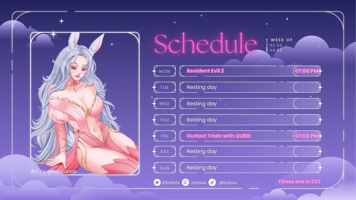Feylunia ~ Low Energy Scufftuber🌙🐇 (@feyluniavt) on Twitter photo 🐰 Don't miss out on this week's Bunny Schedule! 🗓️
🔹 Monday 3rd March: Resident Evil 2 (Possible LEGO Building)
🔹 Friday 7th March: Outlast Trials with <a href="/qbqube/">QbQube 👾🧊 DOKOMI25</a> 🩷
⏰ 19:00 CET // 13:00 EST // 10:00 PST 🐰 Don't miss out on this week's Bunny Schedule! 🗓️
🔹 Monday 3rd March: Resident Evil 2 (Possible LEGO Building)
🔹 Friday 7th March: Outlast Trials with <a href="/qbqube/">QbQube 👾🧊 DOKOMI25</a> 🩷
⏰ 19:00 CET // 13:00 EST // 10:00 PST