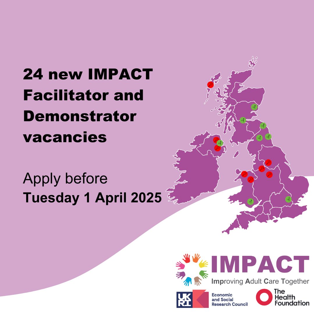 ImpAdultCare's tweet image. We have 24 brand new #IMPACTDemonstrator and #IMPACTFacilitator vacancies, right across the UK

0.5/50%
12 month contract (target start September 2025)
Closing: Tuesday 1 April

Find out more here: impact.bham.ac.uk/our-people/vac…