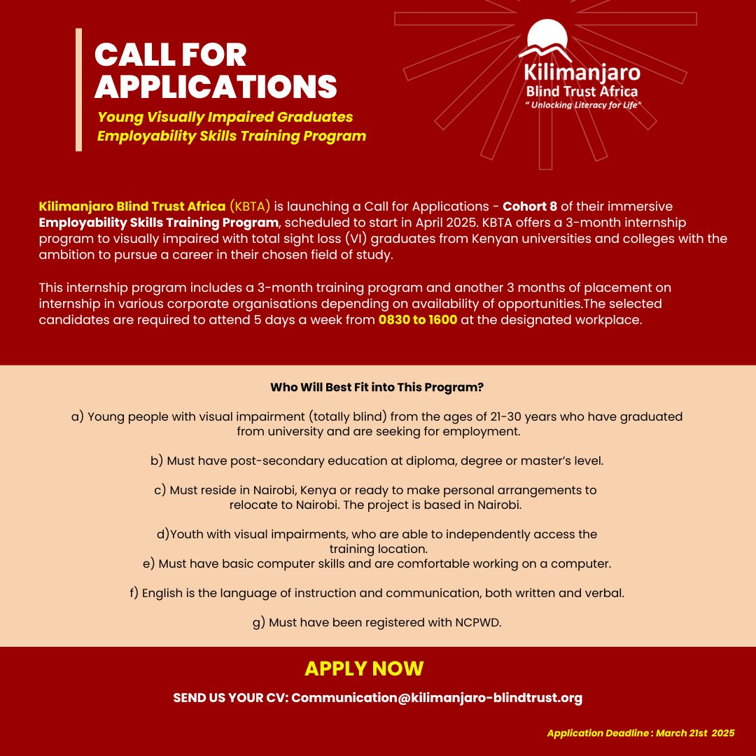 Kilimanjaro Blind Trust Africa (@kiliblind) on Twitter photo Kilimanjaro Blind Trust Africa is calling for applications for Cohort 8 of the Employability Skills Training Program for young graduates with visual impairement.
Apply Now!
Send us your CV on communication@kilimanjaro-blindtrust.org Kilimanjaro Blind Trust Africa is calling for applications for Cohort 8 of the Employability Skills Training Program for young graduates with visual impairement.
Apply Now!
Send us your CV on communication@kilimanjaro-blindtrust.org