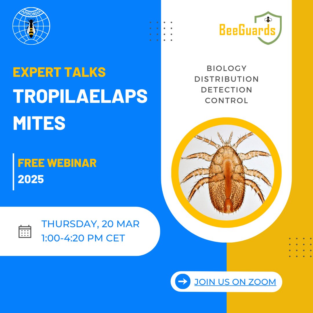 Join us for a free webinar on Tropilaelaps mites  

🗓️ 20 March 2025 | 13:00 - 16:20 CET  

More details and registration: 
apimondia.org/mites-webinar.…