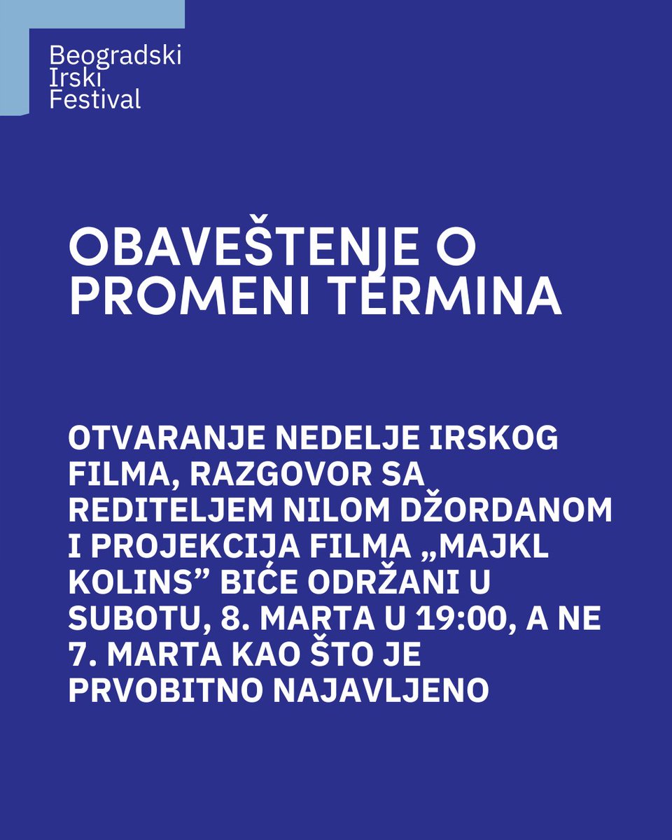 IrishFestBGD's tweet image. Otvaranje Nedelje irskog filma, razgovor sa rediteljem Nilom Džordanom i projekcija filma „Majkl Kolins” biće održani u subotu, 8. marta u 19:00 u Jugoslovenskoj kinoteci (Uzun Mirkova 1), a ne 7. marta kao što je prvobitno najavljeno.

Sačuvajte datum! Vidimo se na BIF-u! ✨