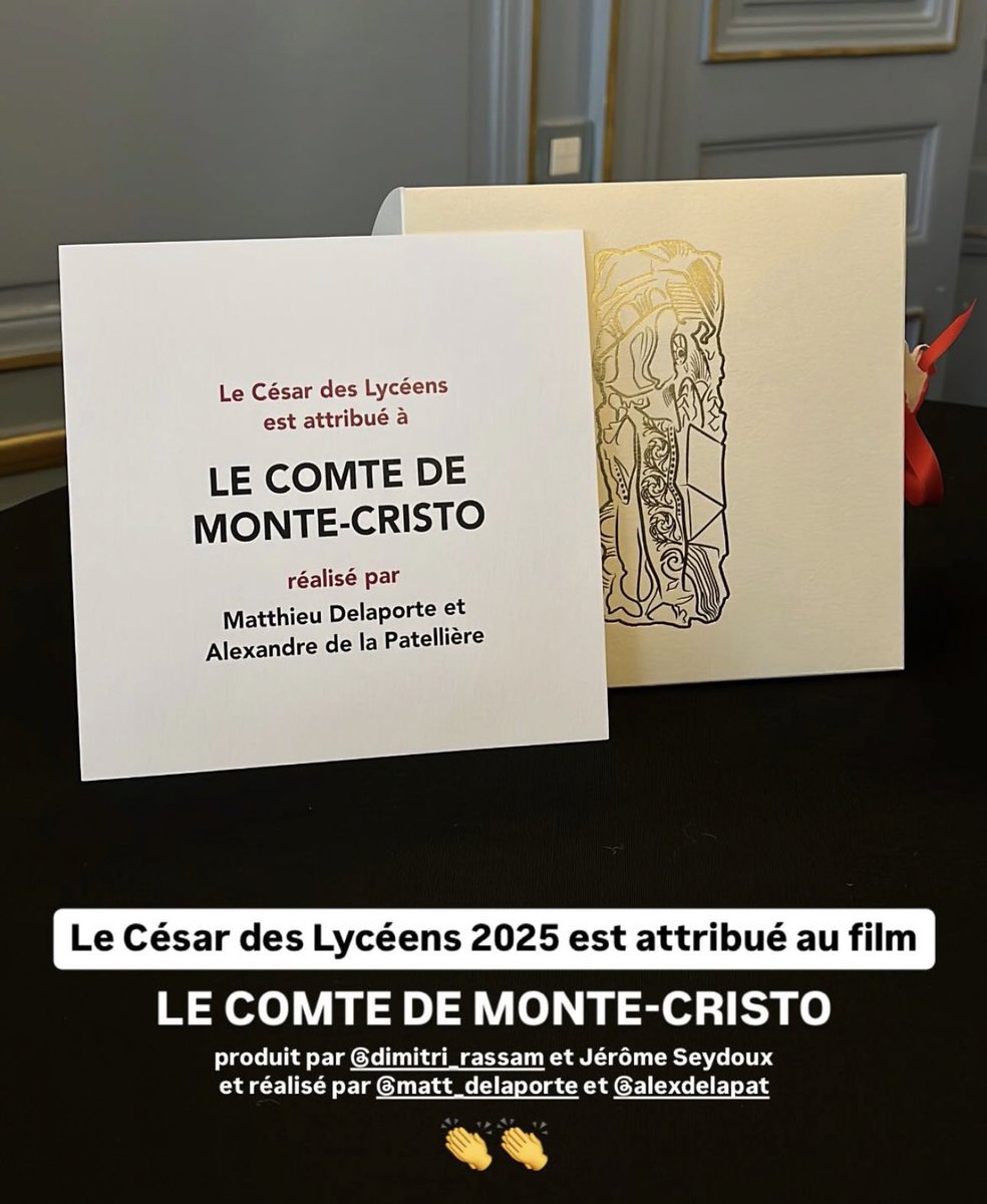 Le César des Lycéens est attribué ce midi à… 

#LeComtedeMonteCristo, ignoré vendredi par les professionnels des #Cesar et clients du Fouquet’s 
qui lui ont préféré 1 film sur 1 migrant sous OQTF 
et un autre sur 1 chef de cartel sanguinaire qui change de sexe…