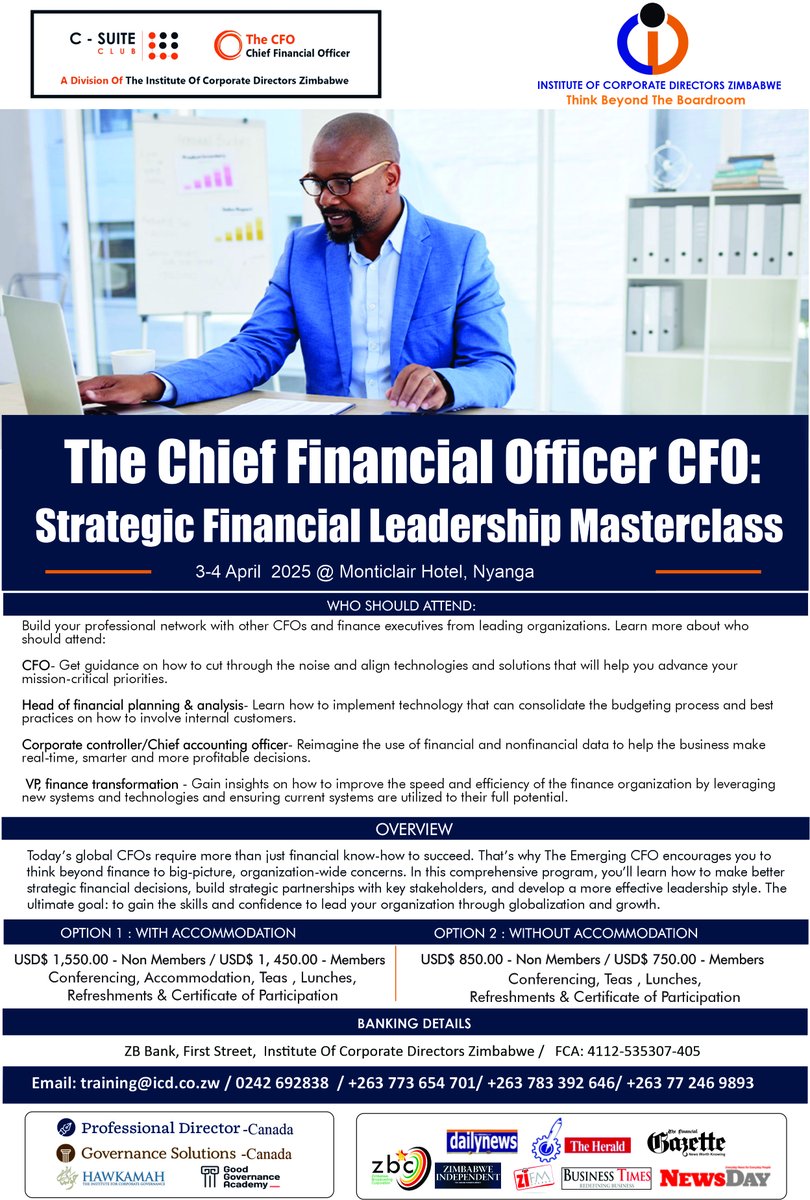 Join us at the CFO Symposium on April 3-4, 2025, at the Monticlair Hotel, Nyanga! 

Don’t miss this chance to transform your leadership journey!  

Contact Us:
training@icd.co.zw  
+263 773 654 701 / +263 783 392 646  

#CFOsymposium #FinancialLeadership #Innovation #Leadership