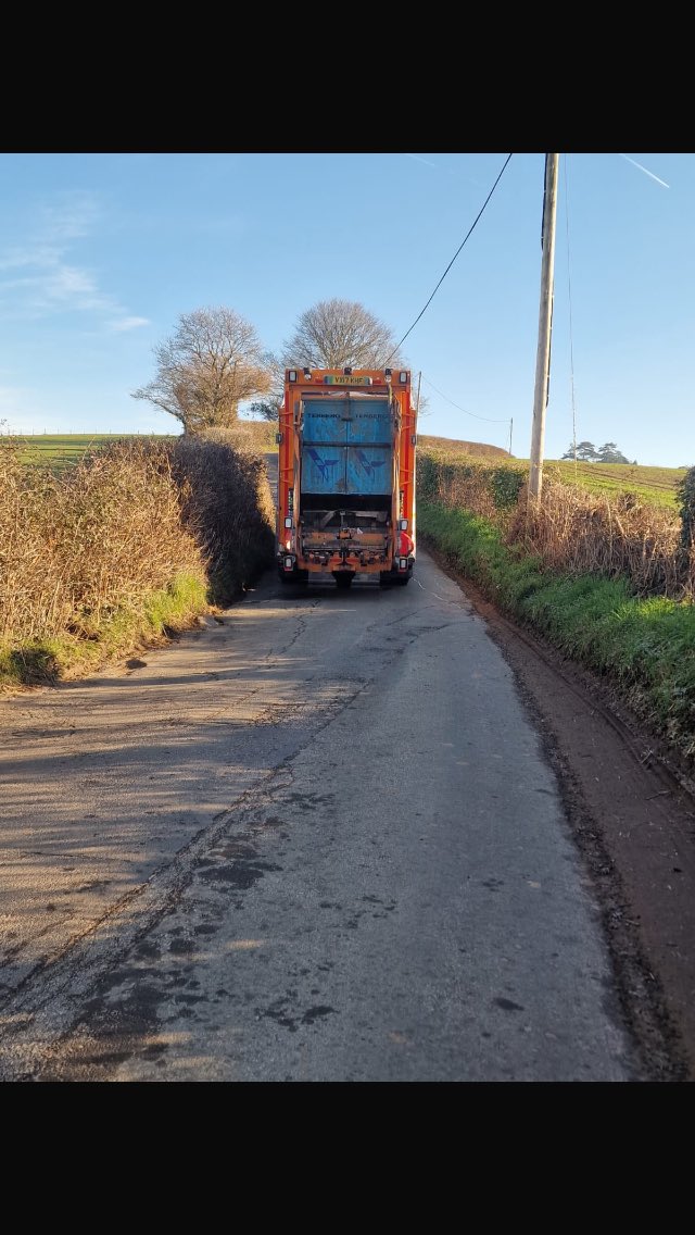 AJS71's tweet image. Oh the irony.
A Newport bin lorry has hit a pothole on a road that @NewportCouncil have been told is not fit for purpose (and done nothing about) which has shut down its electric system. It is totally blocking the road. @WalesOnline