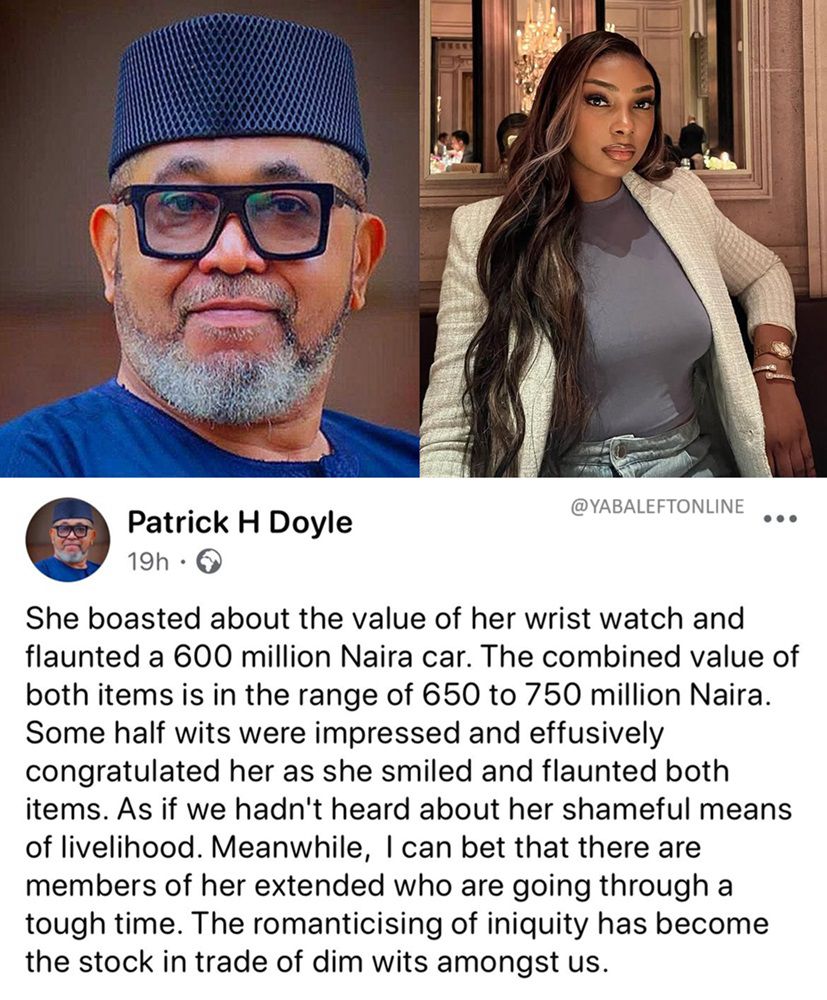 yabaleftonline's tweet image. Actor Patrick Doyle criticizes Sophia Egbueje for showing off her new Lamborghini despite her "shameful means of livelihood".