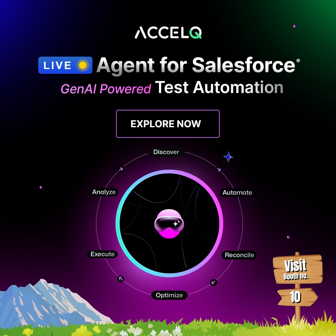 Dreamforce (@dreamforce) on Twitter photo The future of Salesforce testing is here! Meet <a href="/ACCELQ/">ACCELQ</a> at #TDX25 and see agentic automation in action.
Visit booth #10 for live demos of AI-powered NoCode test automation.
Learn more: bit.ly/3QE7Lvl #ad The future of Salesforce testing is here! Meet <a href="/ACCELQ/">ACCELQ</a> at #TDX25 and see agentic automation in action.
Visit booth #10 for live demos of AI-powered NoCode test automation.
Learn more: bit.ly/3QE7Lvl #ad