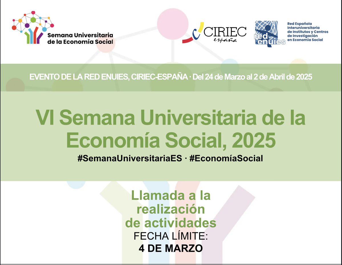 CIRIEC-España (@ciriec_esp) on Twitter photo Muy importante: últimos días, hasta el 4 de marzo, para presentar actividades a la VI Semana Universitaria de la #EconomíaSocial, el evento más participativo de <a href="/CIRIEC_Esp/">CIRIEC-España</a> y su Red #ENUIES ❗️
Toda la ℹ️ observatorioeconomiasocial.es/ultimos-dias-p…
Formulario de participación: bit.ly/SemanaUniversi… Muy importante: últimos días, hasta el 4 de marzo, para presentar actividades a la VI Semana Universitaria de la #EconomíaSocial, el evento más participativo de <a href="/CIRIEC_Esp/">CIRIEC-España</a> y su Red #ENUIES ❗️
Toda la ℹ️ observatorioeconomiasocial.es/ultimos-dias-p…
Formulario de participación: bit.ly/SemanaUniversi…